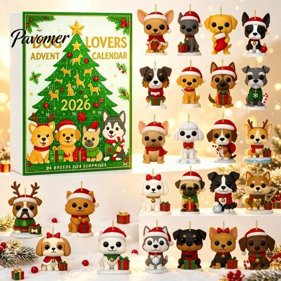 Unique Holiday Box Christmas Advent Calendar, 24 Day Countdown with 2D Flat Acrylic Tree Pendant Dog Pendants, Hanging Ornament Set for Lovers