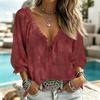 Women's Casual V-Neck Printed 3/4 Sleeve Blouse with Tie Front and Ruffled Trim
