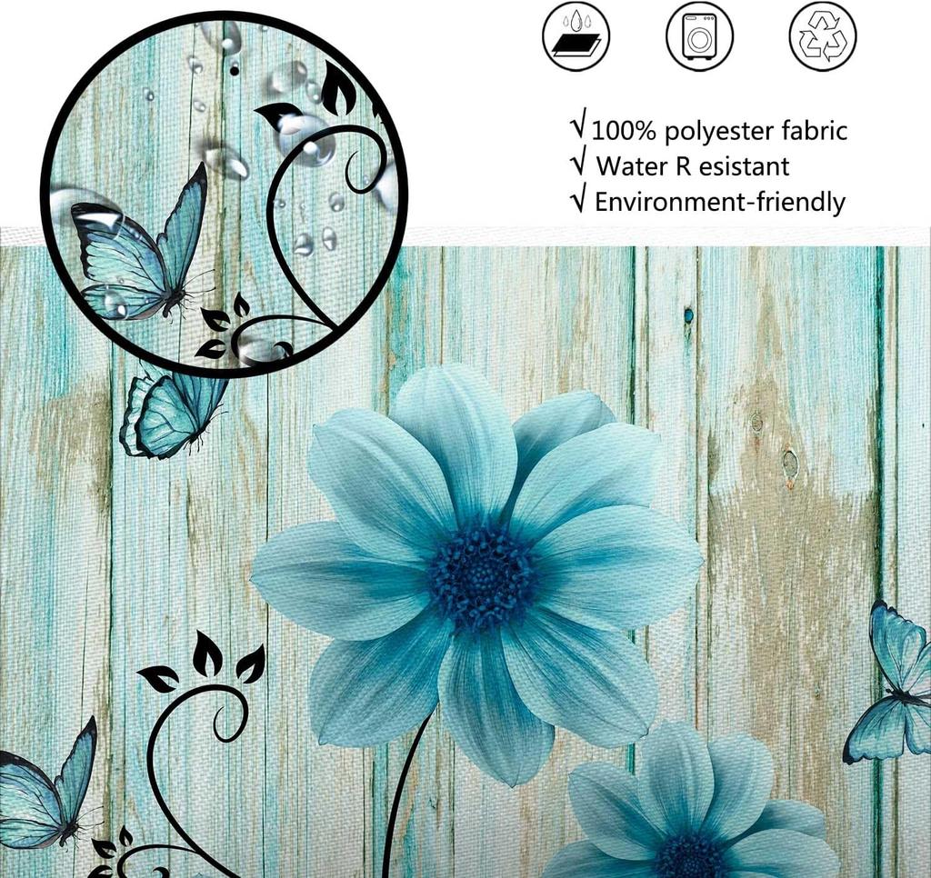 Teal Rustic Floral Shower Curtain, Retro Turquoise Flower And Butterfly Farm Wooden Decor For Bathroom, Blue Wild Daisy Flower