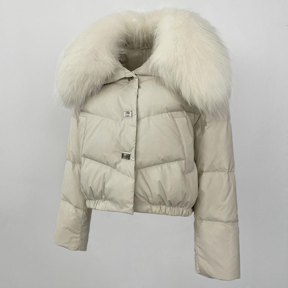 OFTBUY Geacă de Iarnă Femei Guler Mare din Blană Naturală de Raton Real, Gros, Cald, Puf de Rață, Scurt, Îmbrăcăminte Exterioară, Streetwear, Larg, Casual