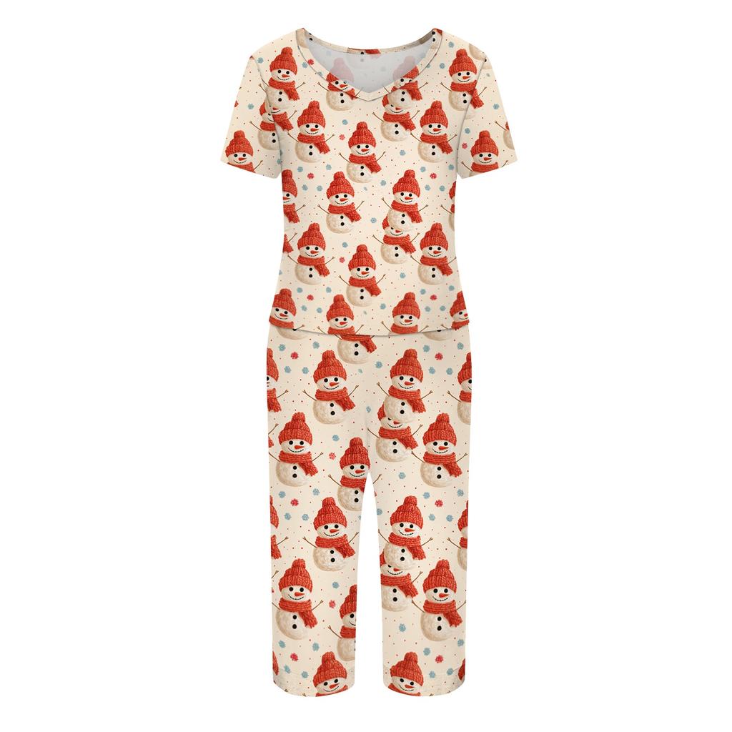 Women's Christmas Print Two Piece Athletic Outfit Short Sleeve Top and Casual Pants