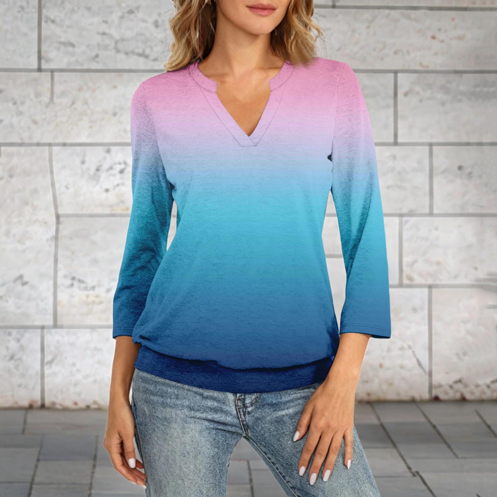 

Women s 3/4 Sleeve Top Neck Hem V,Neck Summer Casual ,Shirt Gradient Printed Top S