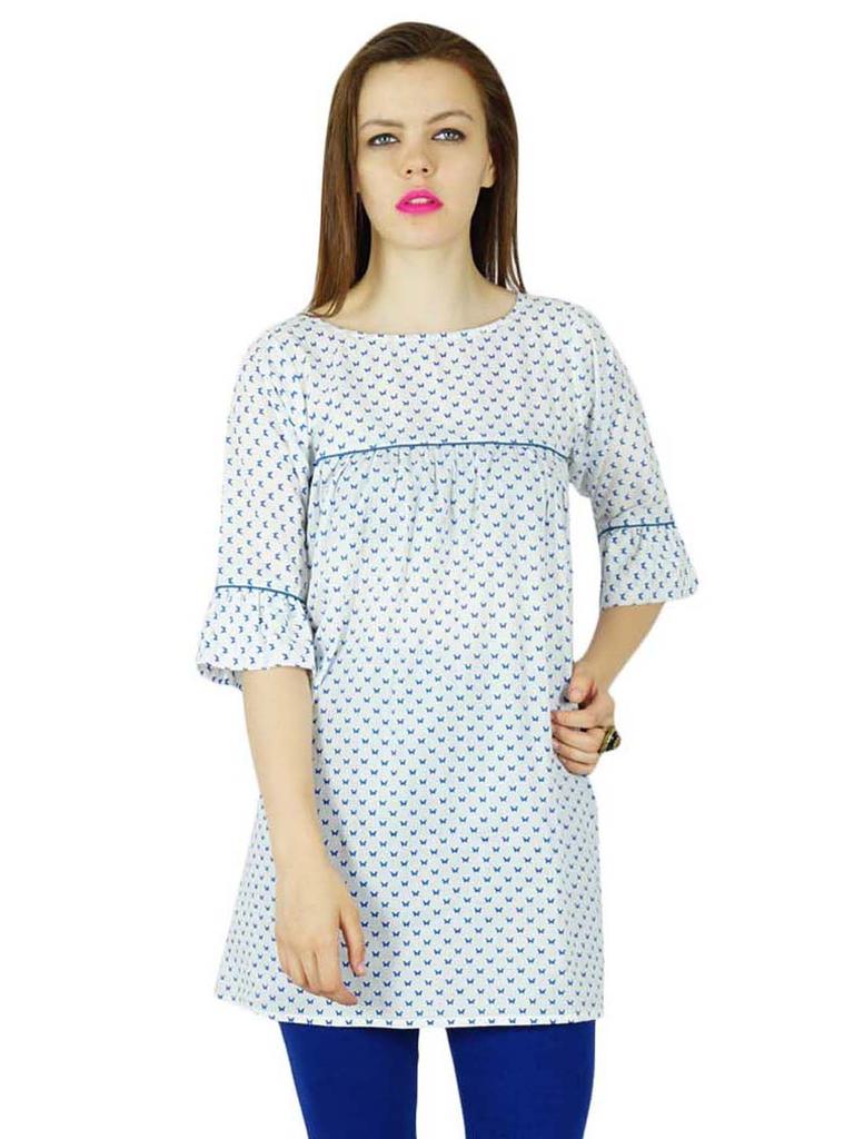 Bimba Women White Short Tunic 3 4 Sleeve Cotton Kurta Kurti Clothing