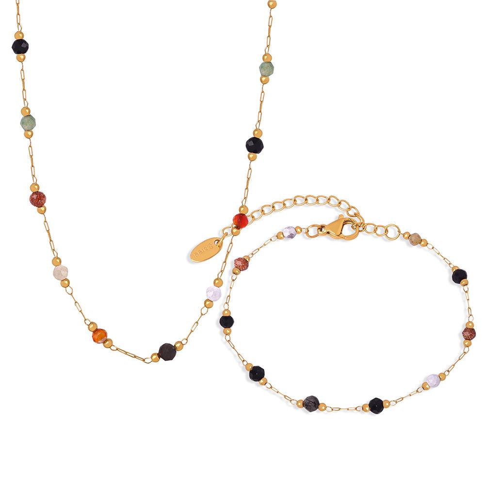 Versatile 18k Gold Titanium Necklace and Bracelet Set with Natural Stone Stitching Design