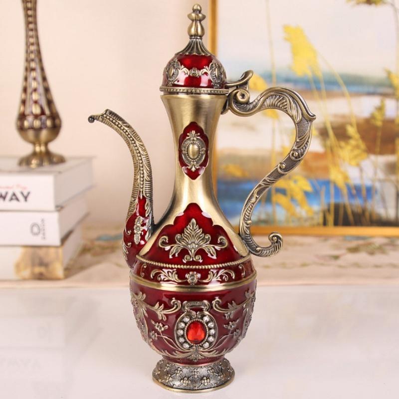 European Wine Set, Alloy Home Wine Pot Wine Glass Set, Red Vintage Wine Glass, Old Wine Pot Home Living Room Decoration,1Set