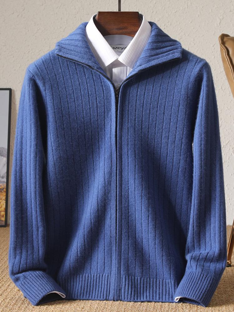 Herren Cardigan 100% Reine Wolle mit Reißverschluss: Herbst/Winter Schlank geschnittener Pullover mit vertikalem Rippstrick und Reverskragen.