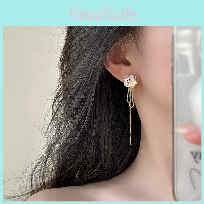Elegante und stilvolle Legierung Kamelien Quasten Ohrringe Lang und schlank Ohrfaden Damen Mode Accessoires