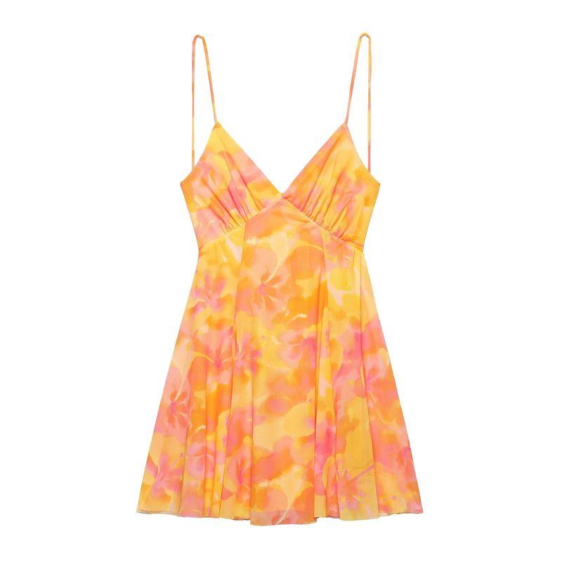 

ZA Новое поступление женской одежды ZR Модный ветер Экспортный принт шелковая сетка V-образный вырез на бретелях короткое платье 5039132 120 Orange color M