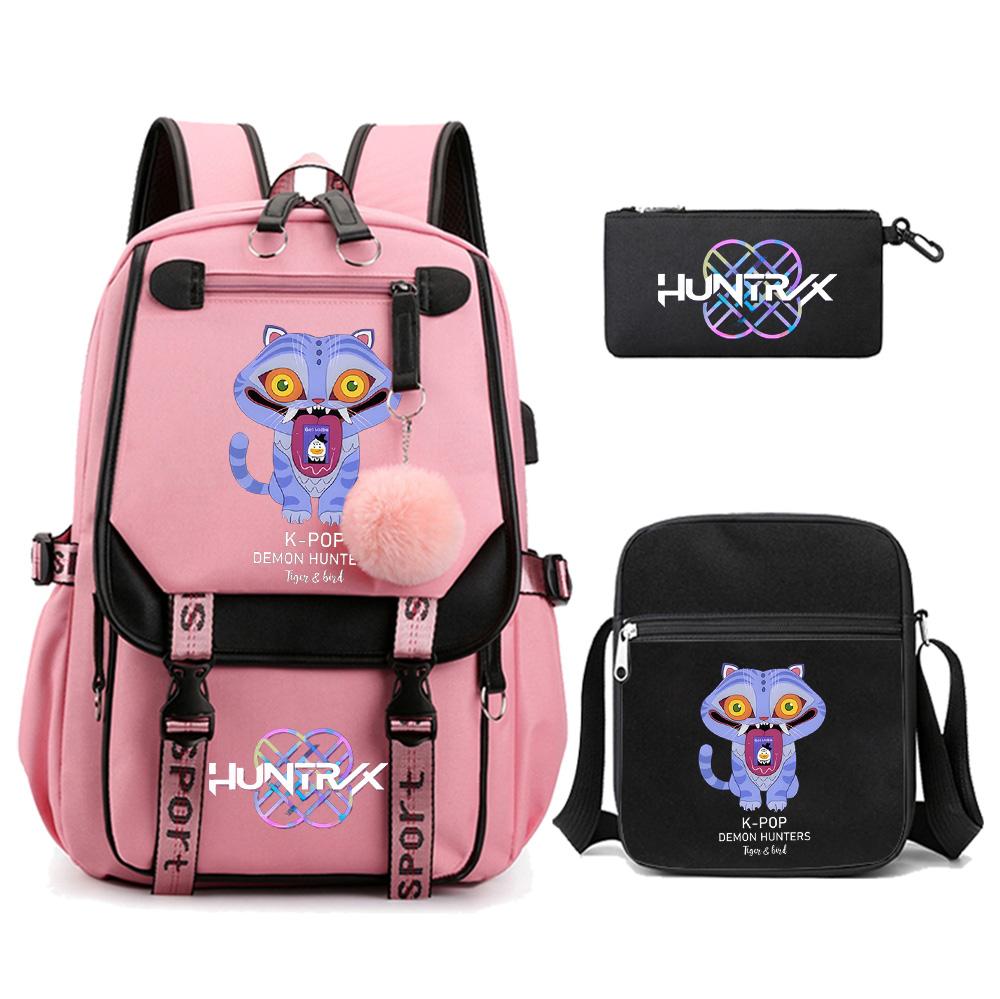 3Pcs/set Anime Kpop Demon Hunters Printed Backpack with Shoulder Bag Pencil Case for Teenager Girl Boy Bookbag Large Capacity Travel Bag Kid Gift