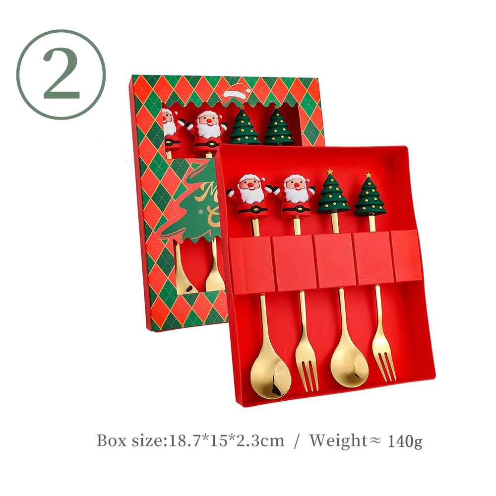 Christmas Table Decor 4-Piece Stainless Steel Cutlery Set with Spoon and Fork, Elk and Xmas Tree Design, Holiday Home Decoration and New Year Navidad