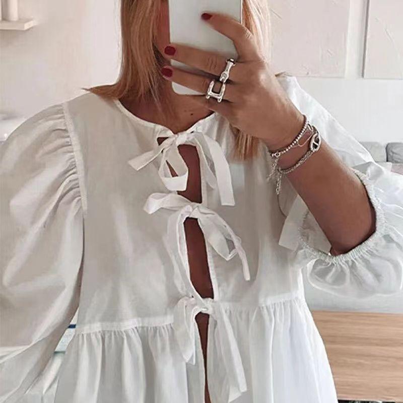 Fashion Wind Summer New Arrival Fashion Wind Lace-up Crew Neck Puff Sleeve Shirt Fashion Sexy Loose Cardigan Top