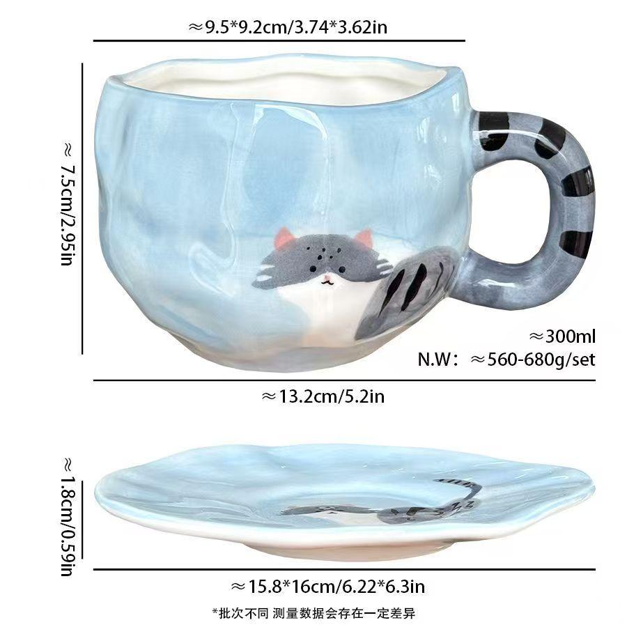

Ceramic Cartoon Cat Mug with Saucer Cute Cat Pattern Coffee Teacup for Cats Lovers Home Garden Decor 201-300ml синий