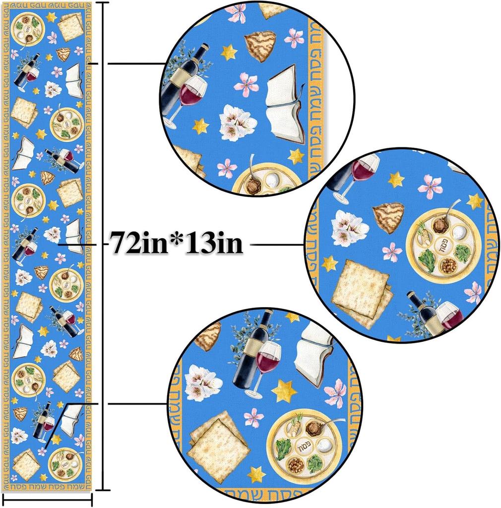Passover Linen Table Runner Pesach Seder Jewish Party Decoration Matzo Red Wine Home Kitchen Dining Table Runner Passover Decor
