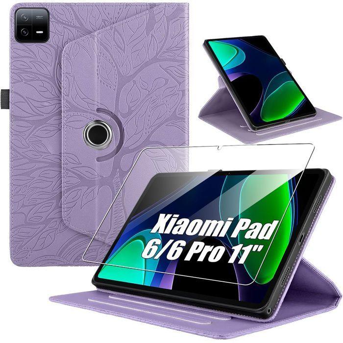 Coque + Verre Trempé pour Xiaomi Pad 6 / 6 Pro, Antichoc Rotatif 360° Synthécuir Violet Motif Arbre