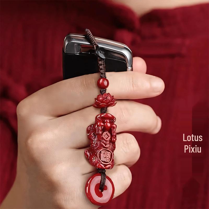 Vermilion Pixiu Peace Buckle Pendant Keychain with Purple Gold Sand Charms for Men & Women
