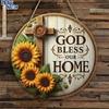 2D Flat Round "God Bless Our Home" Wall Sign with Sunflower & Cross - Rustic Farmhouse Decor Artificial Plaque,Vintage Home Decor Wall for Bar Kitchen