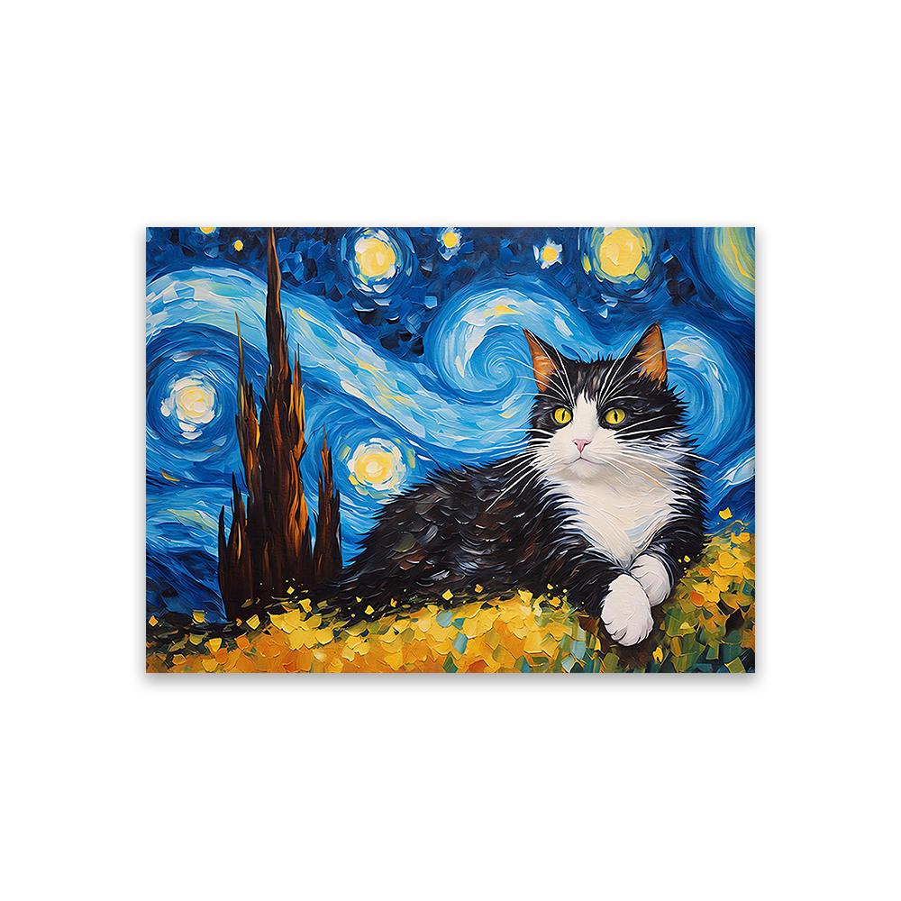 Tuxedo-Katzen-Stil Van Gogh Druck Heimdeko Wandkunst Sternennacht Ölgemälde Druck Leinwand Poster Katzenliebhaber Geschenk Schlafzimmerdeko