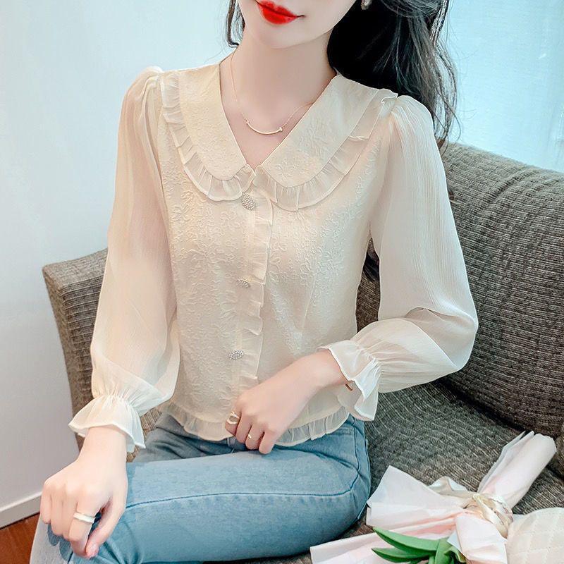 2024 Frühling Schlankmachende Patchwork Peter Pan Kragen Chiffonbluse mit langen Ärmeln