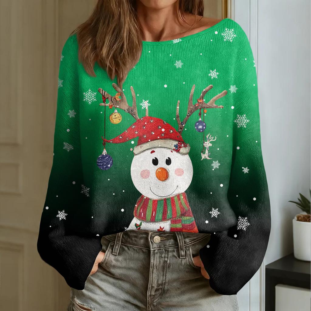 Women's Fashion Round Neck Long Sleeve Christmas Print Casual Pullover Sweater Top