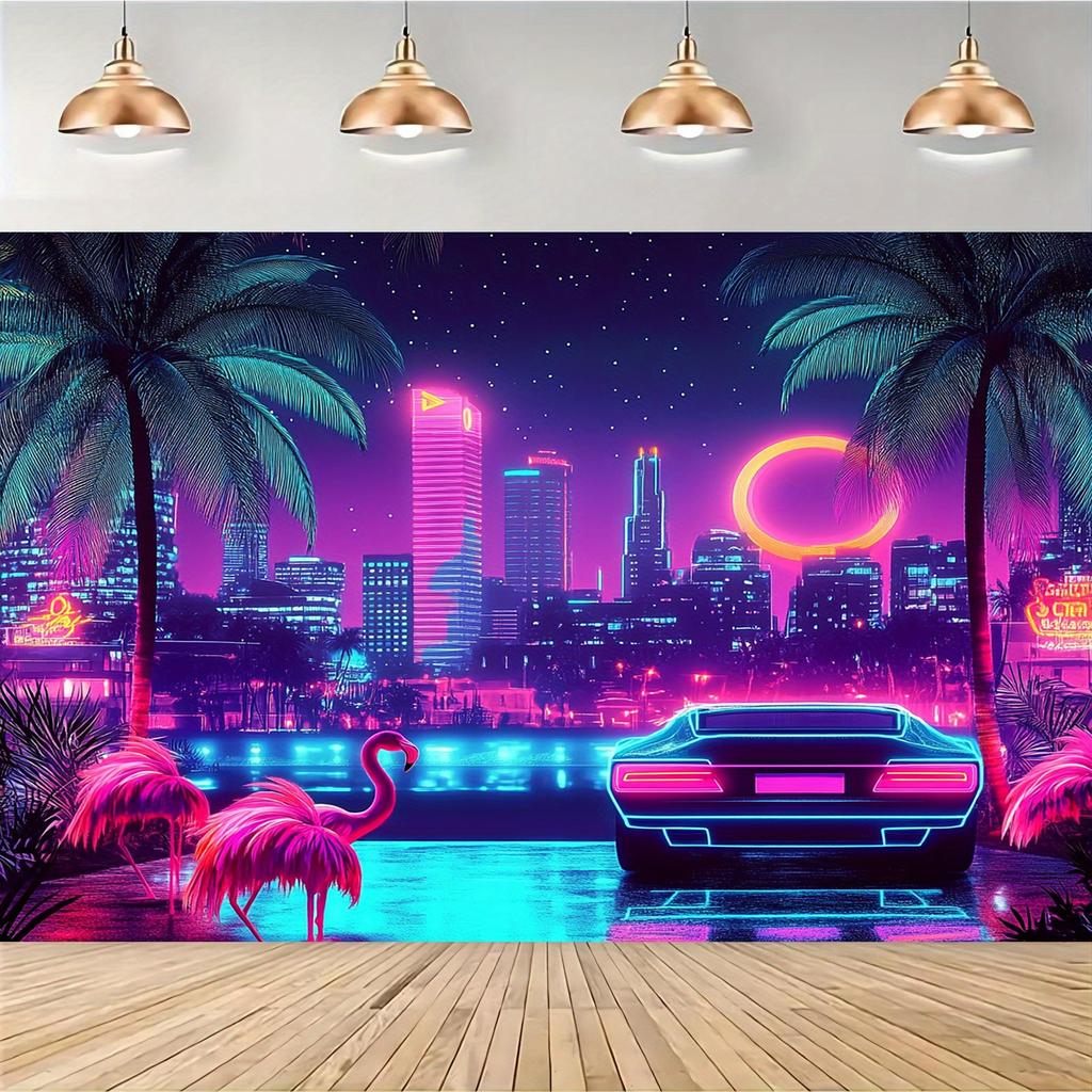 One Piece, Neon Retro Miami 80s Summer Disco Tropical Theme Background, Polyester, Suitable for Weddings