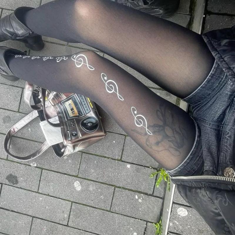 

Gothic Women s Note Thigh Socks with Black Printed Stockings JK Harajuku Casual Sexy Knee Socks Y2K Cosplay Socks Emo Girl One Size