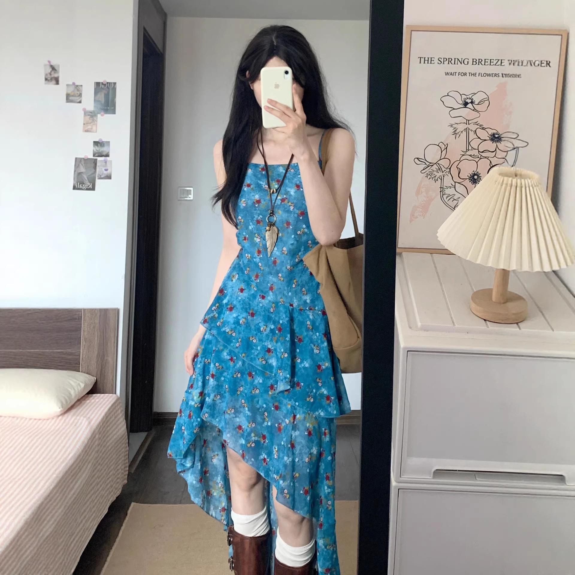 Women s Retro Floral Spaghetti Strap Summer Dress – Irregular Waist-Cinching A-Line XL