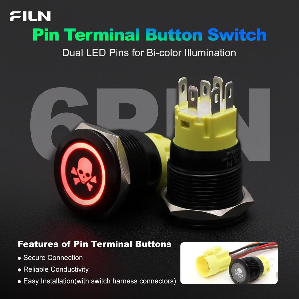 FILN 19mm Waterproof Metal Button Switch, 12V, LED Dual Color, Removable Symbol, Self-locking/Momentary