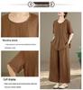 Women's Large Size Tencel Cotton-Linen Summer Suit: Slimming Round Neck Top & Wide-Leg Pants Two-Piece Set