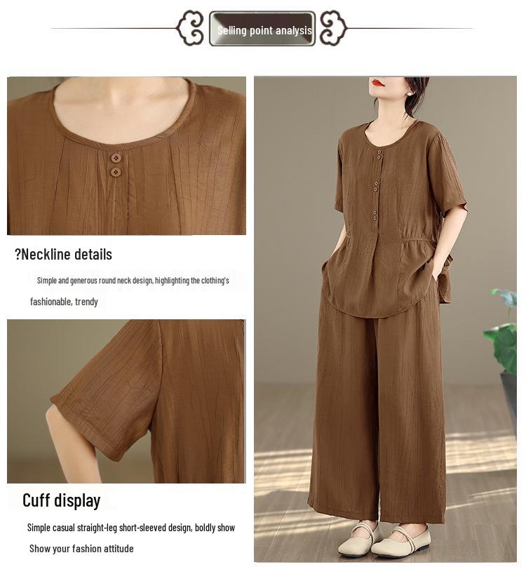 Women's Large Size Tencel Cotton-Linen Summer Suit: Slimming Round Neck Top & Wide-Leg Pants Two-Piece Set
