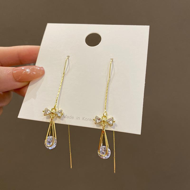 

South Korea s new zircon bow earrings women s long tassel round face thin earline trendy temperament earrings