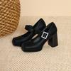 3359-19 Einwort-Strassschnalle mit dickem Absatz Mary Jane Einzelne Schuhe Damen Französisch Retro Quadratische Spitze Hoher Absatz Leichter Ausschnitt Einzelne Schuhe