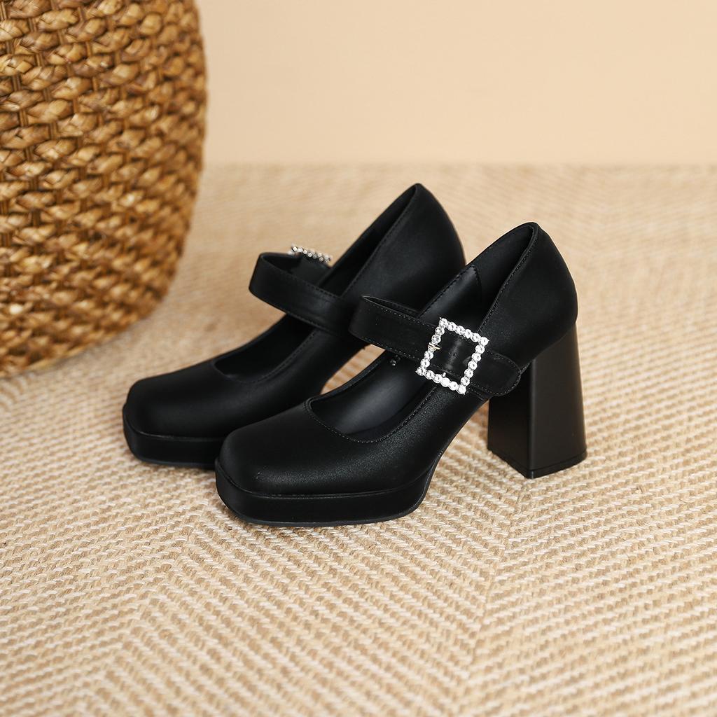 3359-19 Einwort-Strassschnalle mit dickem Absatz Mary Jane Einzelne Schuhe Damen Französisch Retro Quadratische Spitze Hoher Absatz Leichter Ausschnitt Einzelne Schuhe