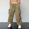 Men Baggy Cargo Pants Solid Color Parachute Pants Loose Fit Jogger Trousers with Side Pockets for Street Outdoor Sports