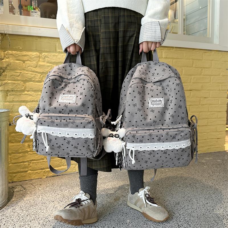 College Style Bow Print Schoolbag Women's Corduroy Backpack Large Capacity Student Backpack