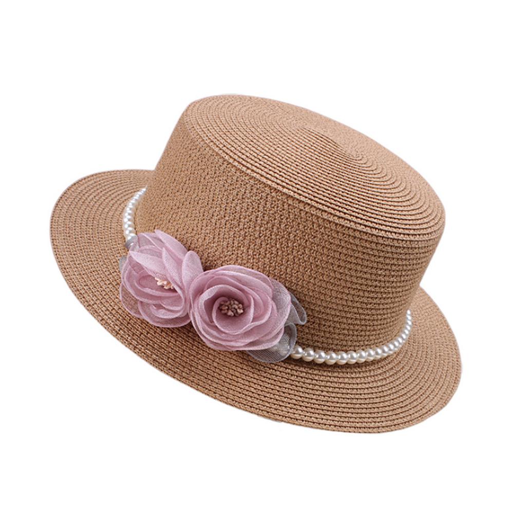 Stylish 3D Flower Pearls Design Flat Top Boater Hat Women's Breathable Straw Beach Hat Summer Wide Brim Sun Cap for Holiday