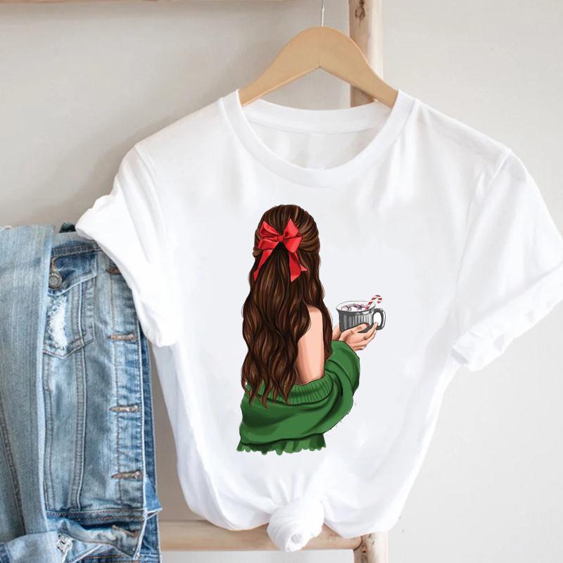 Cartoon Rudolph Reindeer Snowflake Print T Shirt Women Merry Christmas Holiday Short Sleeve Top