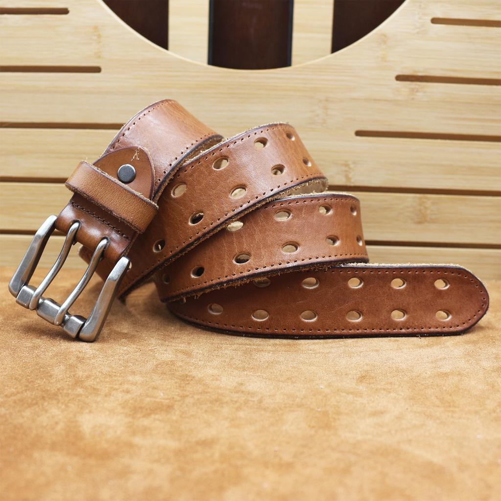 Thickened Head Layer Cowhide Belt for Men European and American Fashion Double-pin Buckle Italian Motorcycle Style Tough Guy Belt