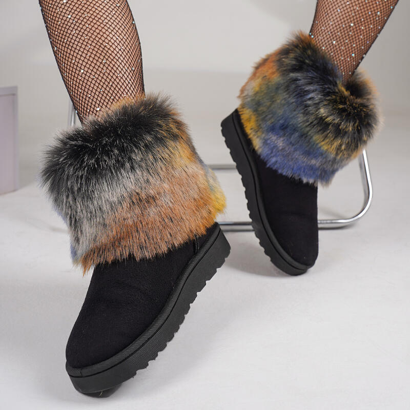 Mode Luxus Mix Farbe Flauschiges Fell Schneestiefel Damen 2025 Winter Schwarze Fellige Stiefeletten mit Plateau Markendesign Kunstfellschuhe 41