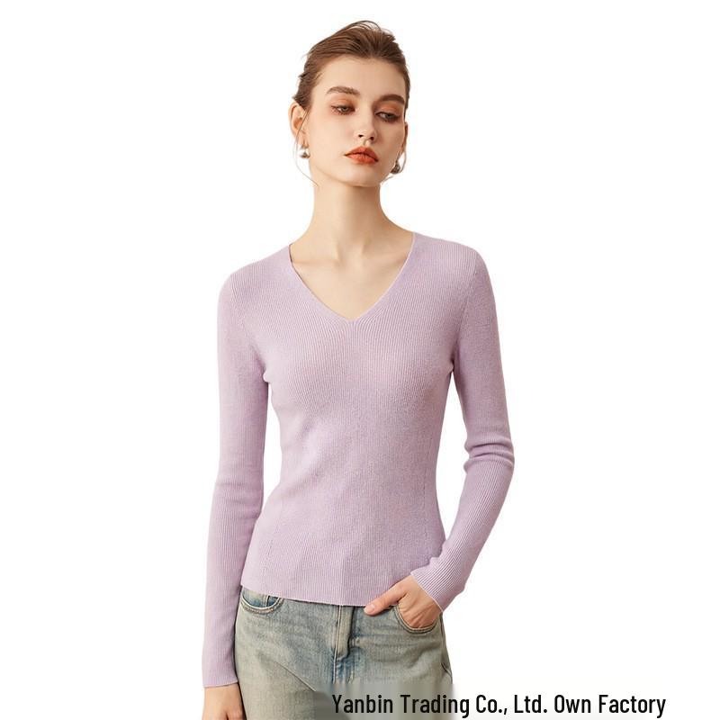 Women's Cross V-Neck Striped Wool Knit Pullover, Slim-Fit Base Layer for Autumn/Winter