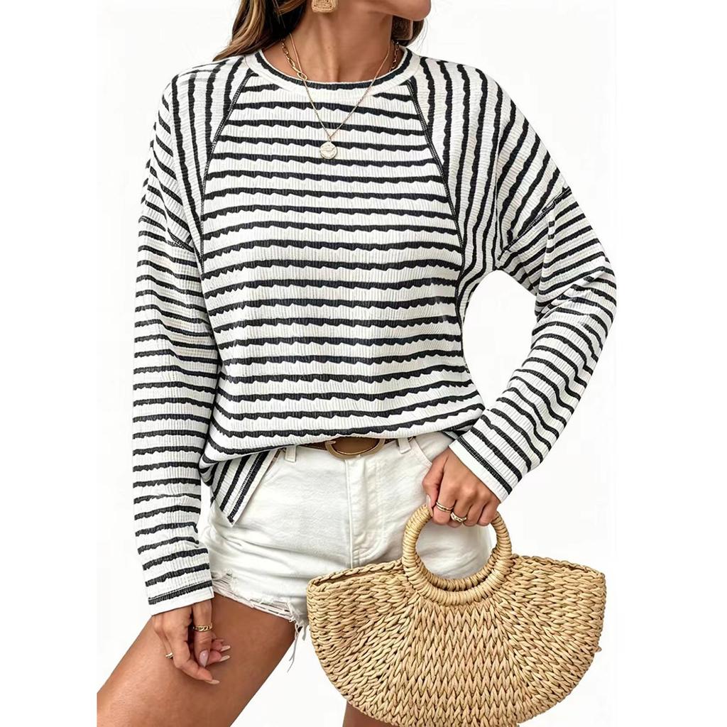 Maglione da Donna Girocollo a Righe Manica Lunga Manica Raglan Casual Leggero Lavorato a Maglia per l'Uso Quotidiano
