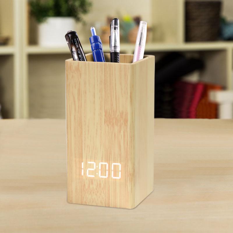 Smart voice-activated silent led wooden clock, wooden clock pen holder, alarm clock, handicraft gift USB charging