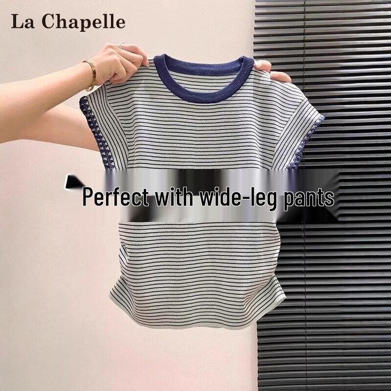 La Chapelle Women s Contrast Round Neck Striped Flutter Sleeve Knit T-shirt XL