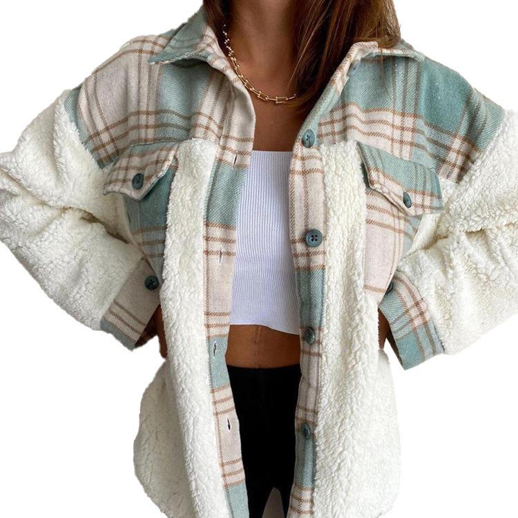 Winter Hoodie Plush Shirt Single Breasted Checkered Cardigan For Women