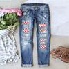 Women's Mid Rise Straight Leg Jeans Loose Fit Buffalo Plaid Patchwork Distressed Cuffed Denim Pants