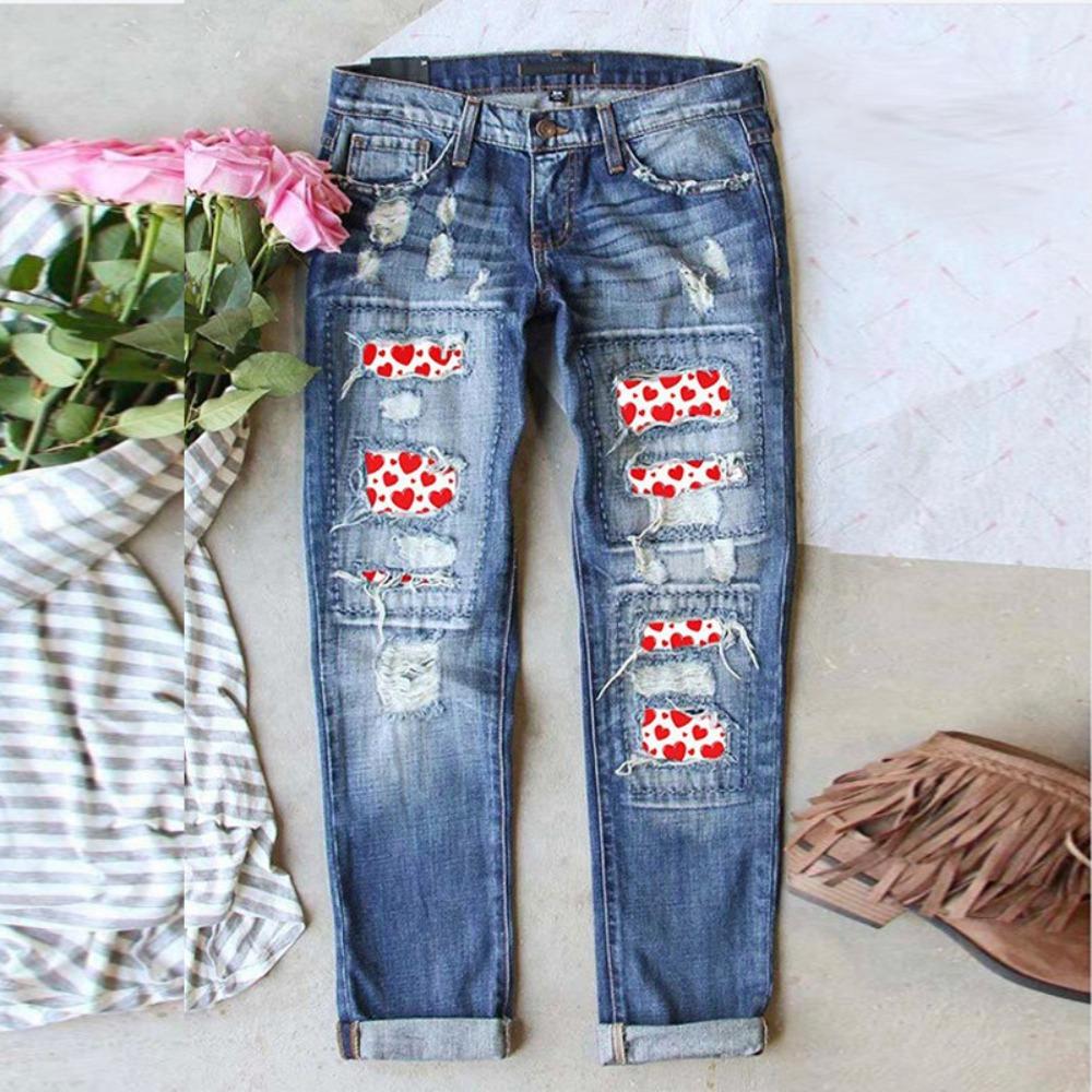 Women's Mid Rise Straight Leg Jeans Loose Fit Buffalo Plaid Patchwork Distressed Cuffed Denim Pants