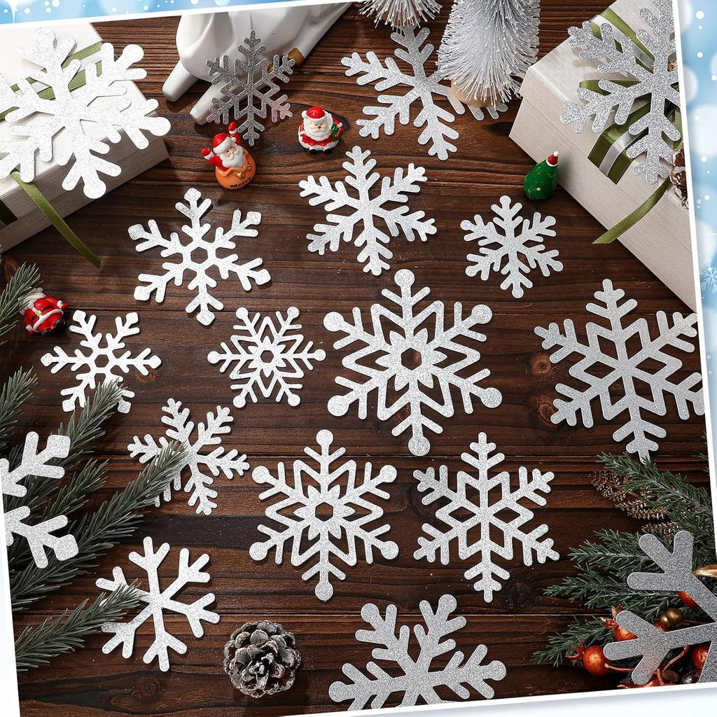 Fuutreo 108 Pcs Snowflake Cutouts Winter Glitter Paper Decorations Bulletin Board Decor 3 Size Cutouts for Winter Holiday Party Wonderland