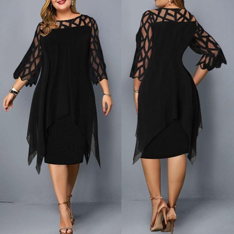 Chiffon Dress Spring European and American Women's Clothing Lace Patchwork 3/4 Sleeve Asymmetrical Hem Chiffon Dress