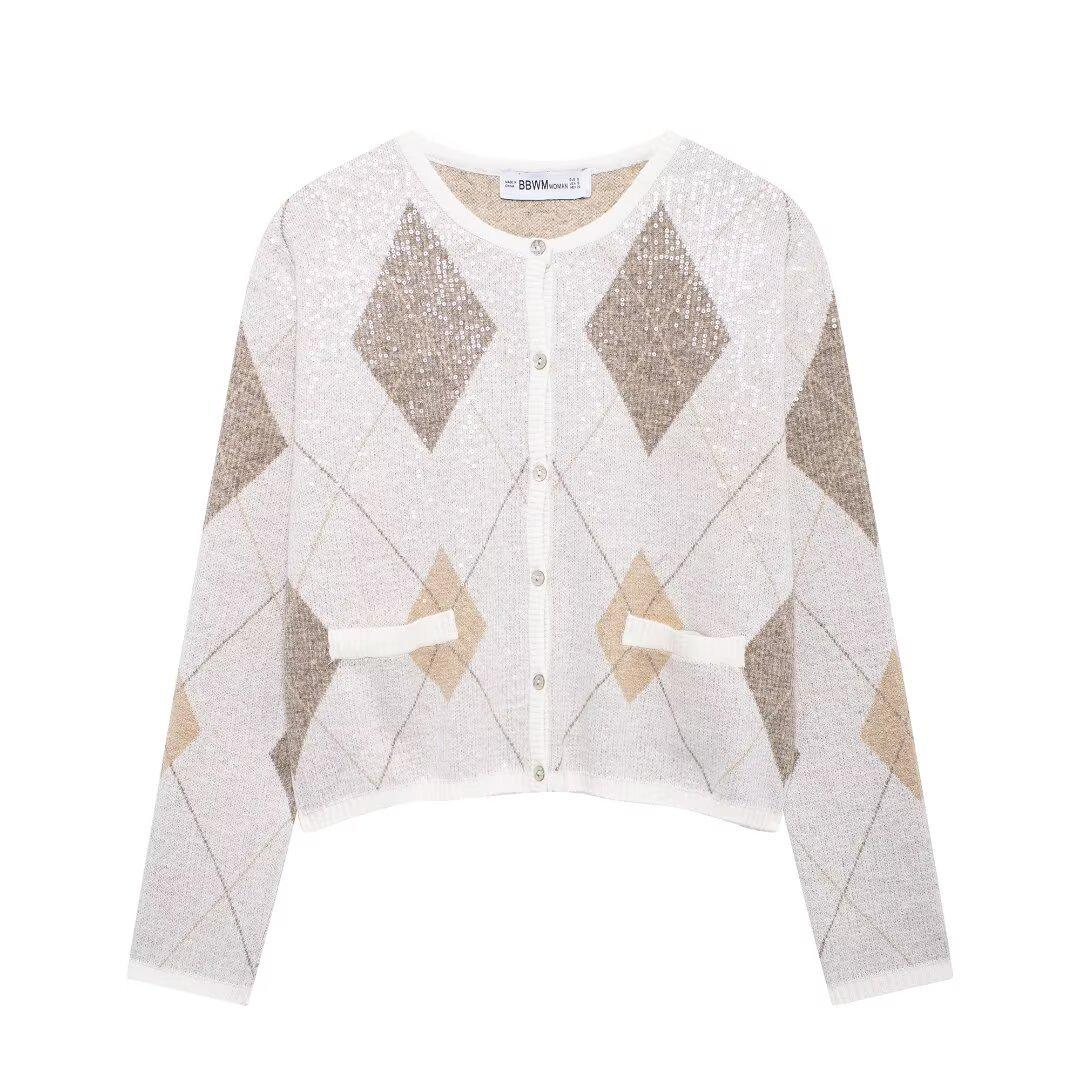 

Winter 2024 Women s Fashion Sequin Argyle Knit Cardigan - European & American Style Small