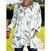 Women's Plus Size Elegant Blue Leaf Print Loose Long Sleeve Top with Pockets