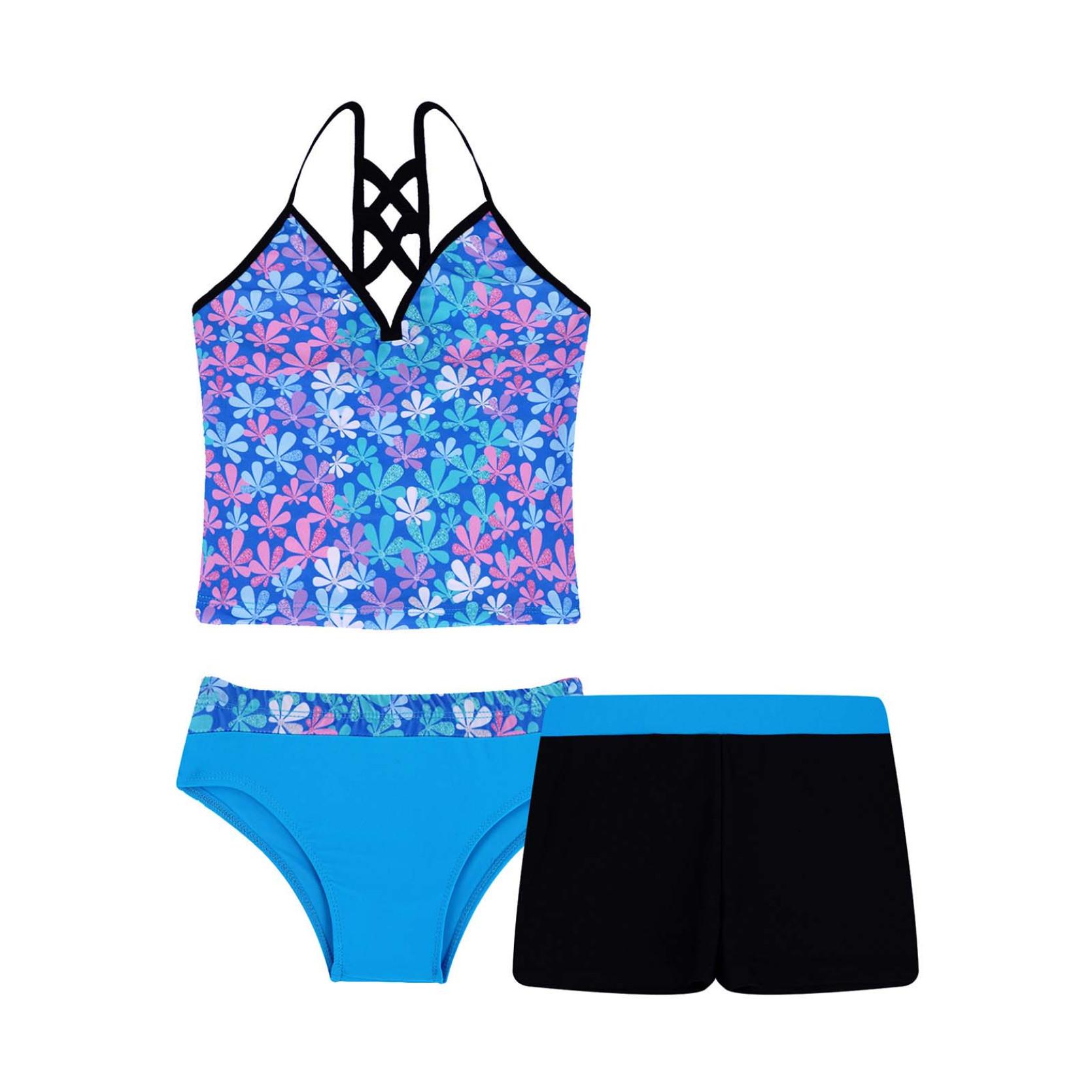 IEFiEL Kleine grote meisjes 3-delig badpak mode bloemen tankini bikini set kindertanktop met korte broeken 7-8 Years marineblauwe kleur